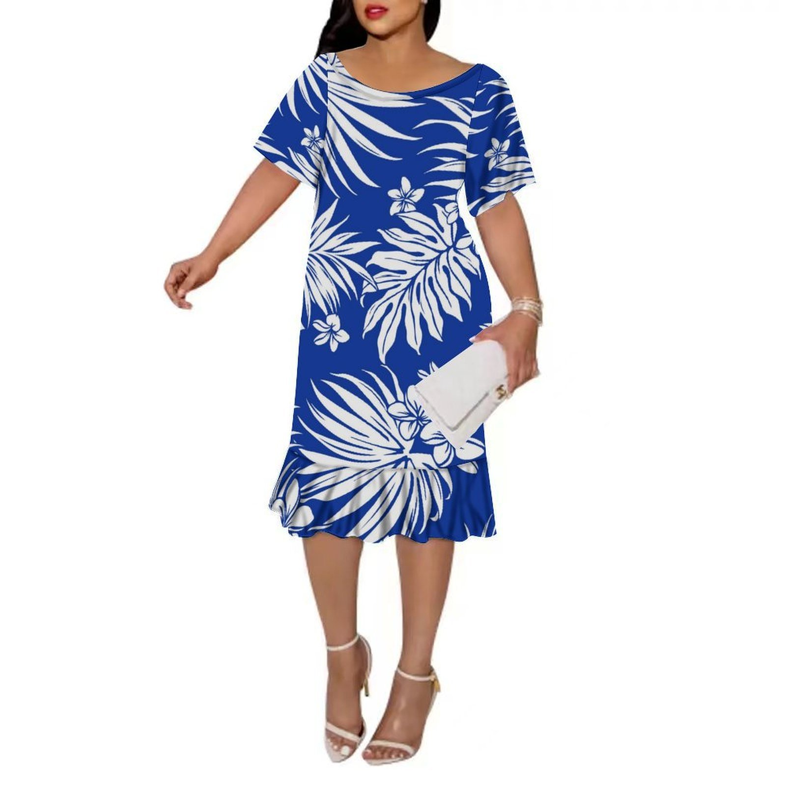 1MOQ Custom Printed Short Sleeve Crew Neck Womens Casual Dress Midi Party Dress Polynesian Design Pleated Fishtail Dress Ladies