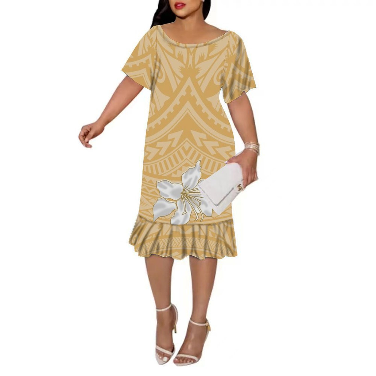 1MOQ Custom Printed Short Sleeve Crew Neck Womens Casual Dress Midi Party Dress Polynesian Design Pleated Fishtail Dress Ladies