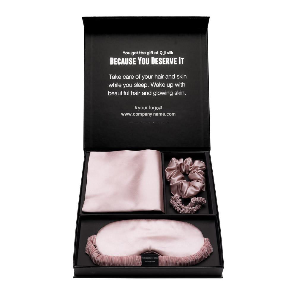 Custom logo label silk eye mask and pillowcase silk scrunchies packaging 100% mulberry silk pillow case gift set