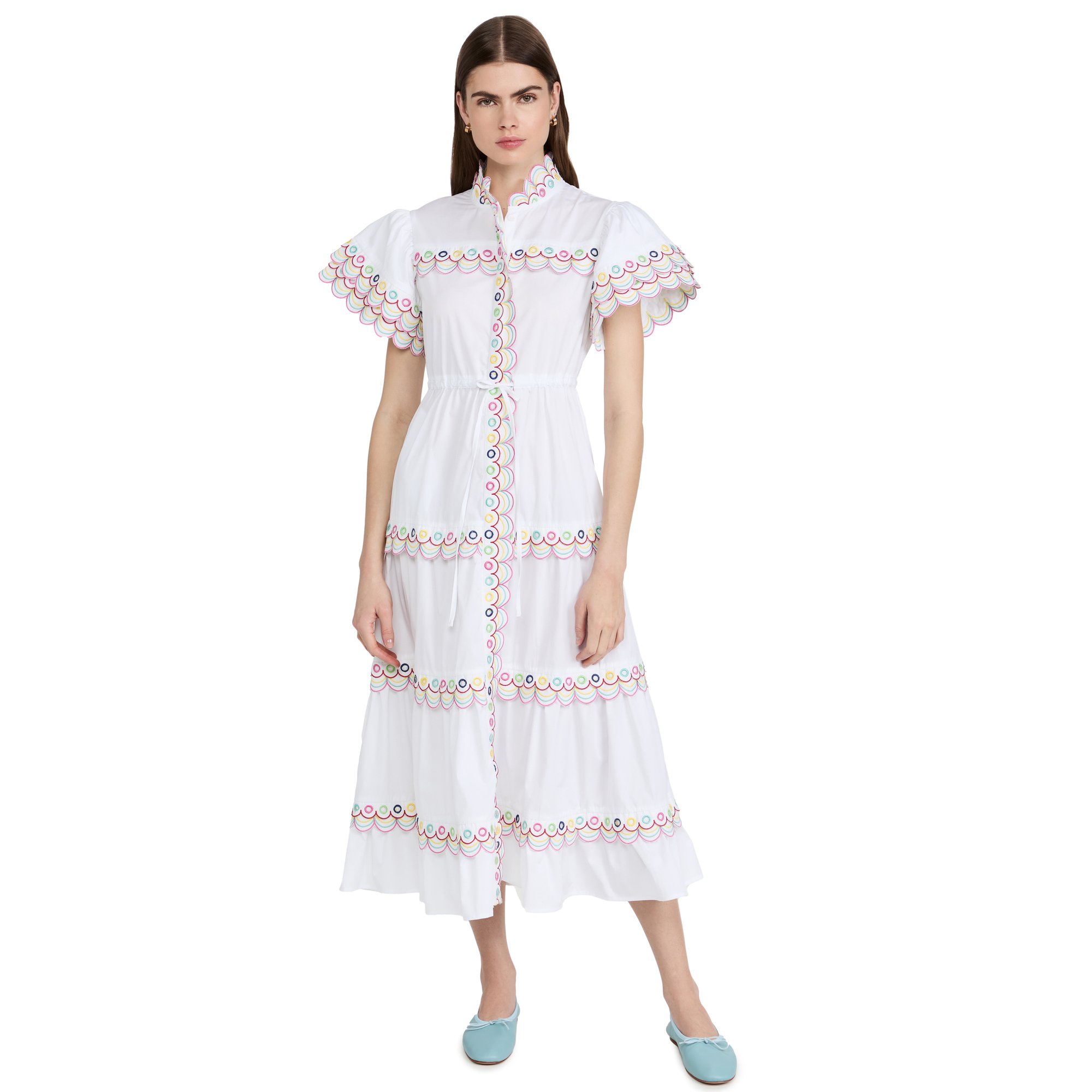Customized high quality Multicolored Embroidered Layered plus size dress Summer 2022 new midi Ladies Tie Shirt Dress
