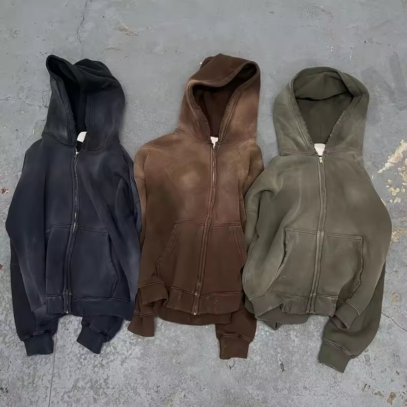 Streetwear Zipper Hoodie Cotton French Terry Vintage Custom Logo Stone Wash Sun Faded Acid Wash Zip Up Distressed Hoodies