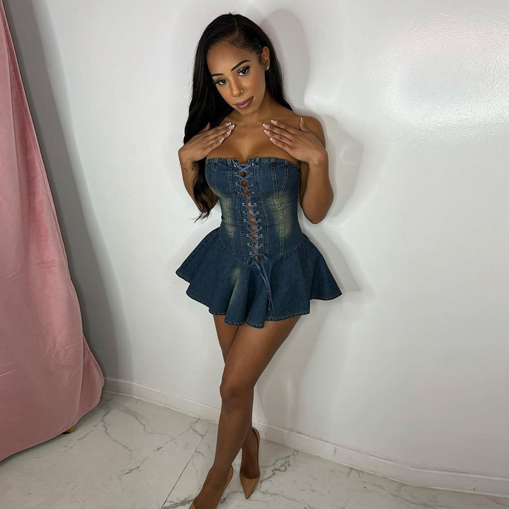 Sharee 2024 Summer Popular Sexy Jean Mini Dress Sleeveless Zipper Bandage Pleated Denim Dresses Women