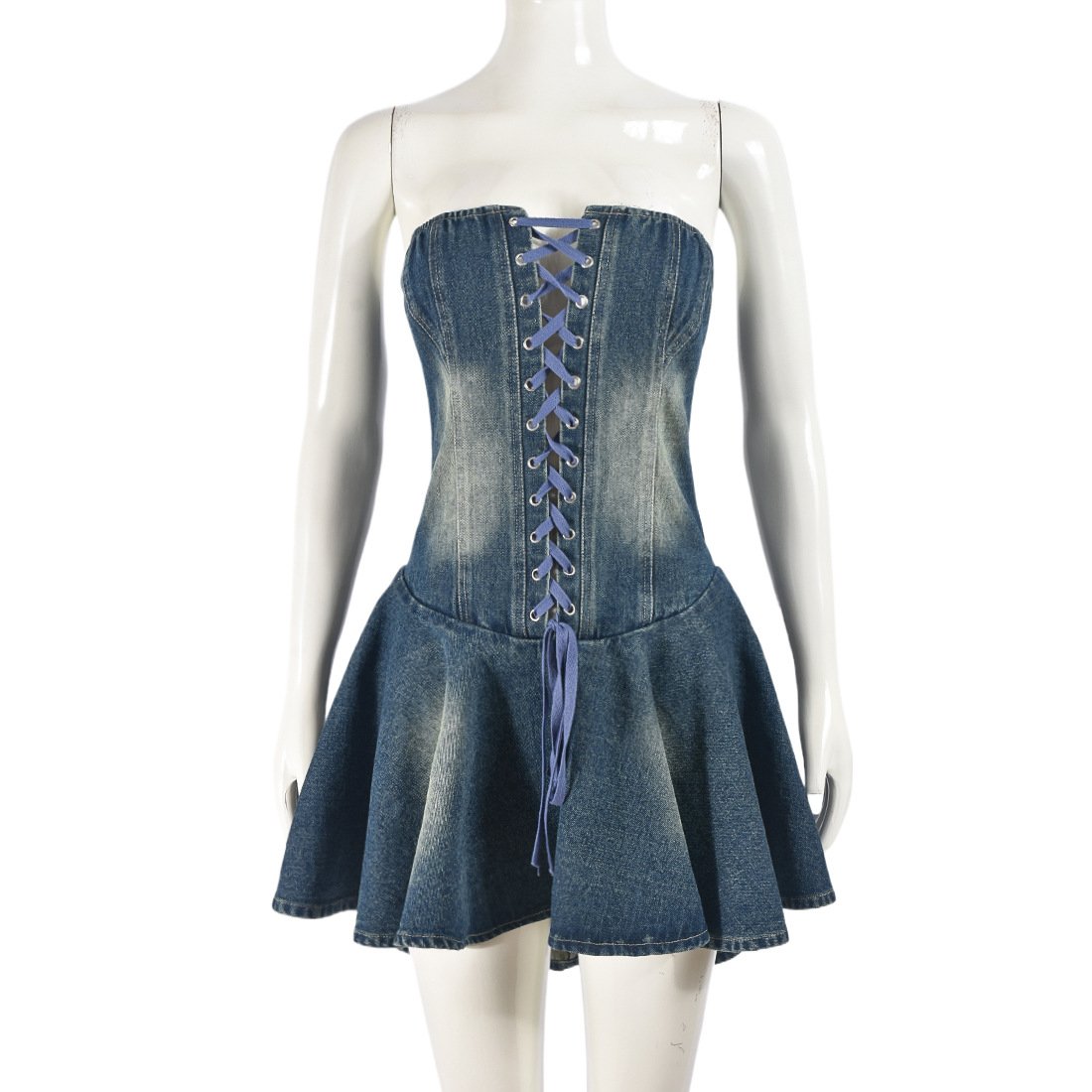Sharee 2024 Summer Popular Sexy Jean Mini Dress Sleeveless Zipper Bandage Pleated Denim Dresses Women