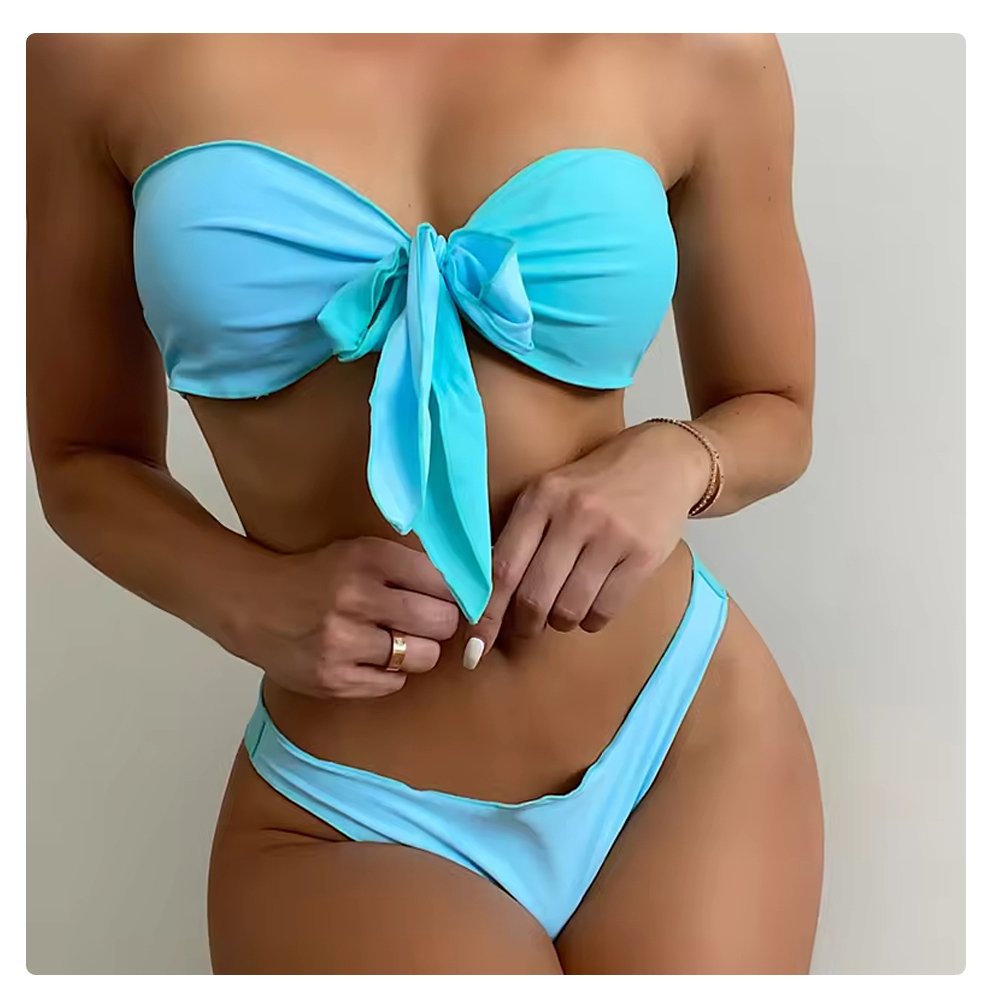 2024 Latest Women Blue Asymmetrical Tie Front Bandeau Swimsuit Swimwear Bikini Set