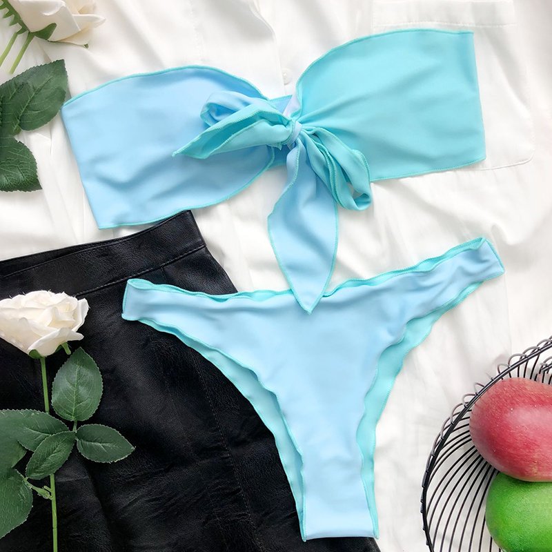 2024 Latest Women Blue Asymmetrical Tie Front Bandeau Swimsuit Swimwear Bikini Set