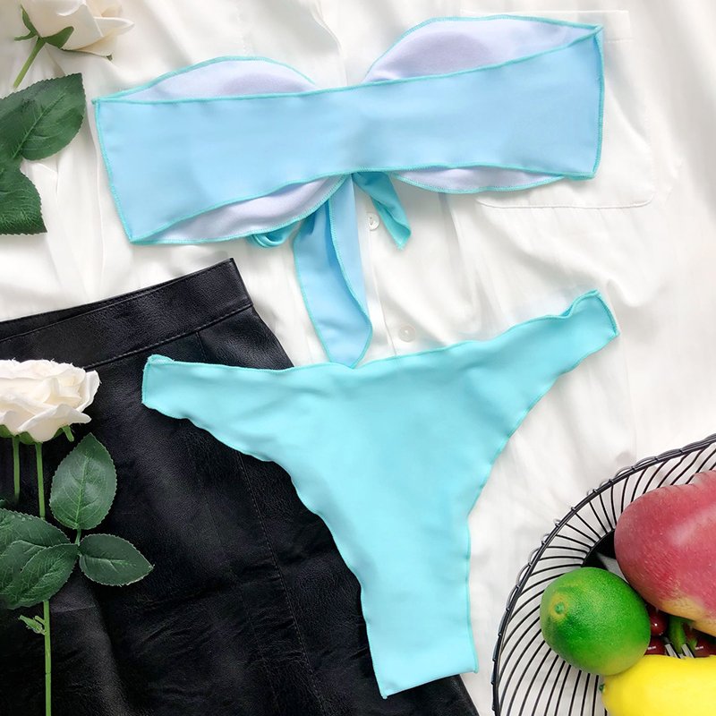 2024 Latest Women Blue Asymmetrical Tie Front Bandeau Swimsuit Swimwear Bikini Set