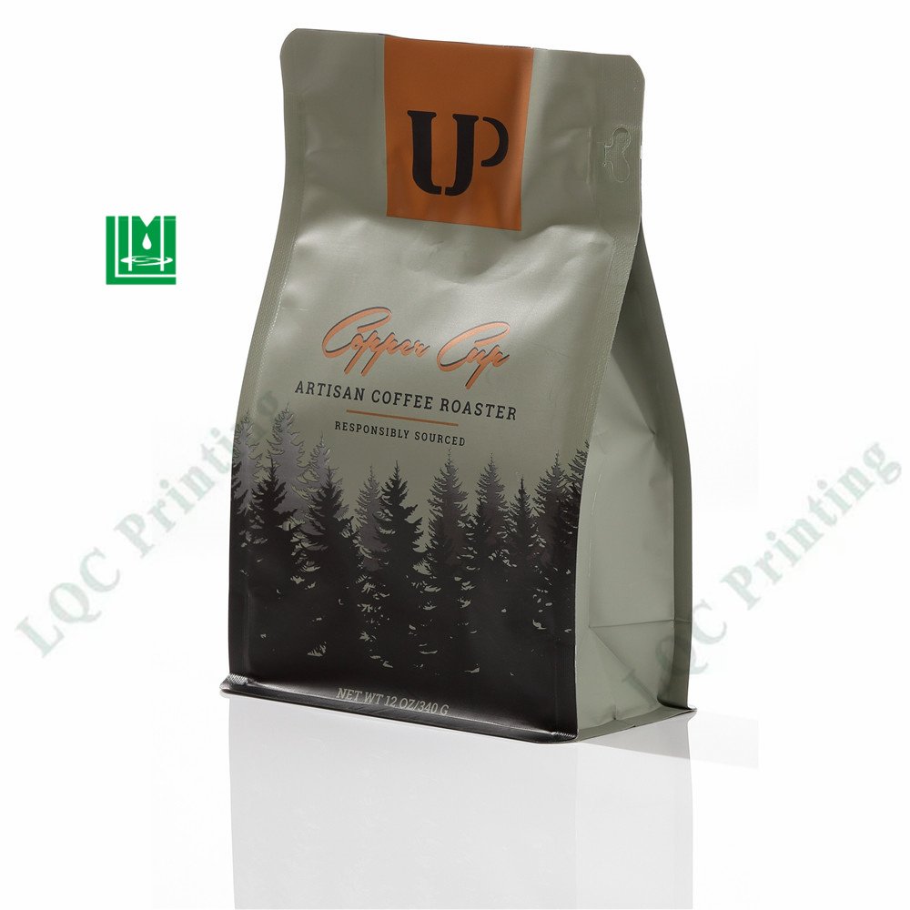 Custom resealable moisture proof square flat block box bottom aluminum foil laminated mylar food coffee bag with valve zipper