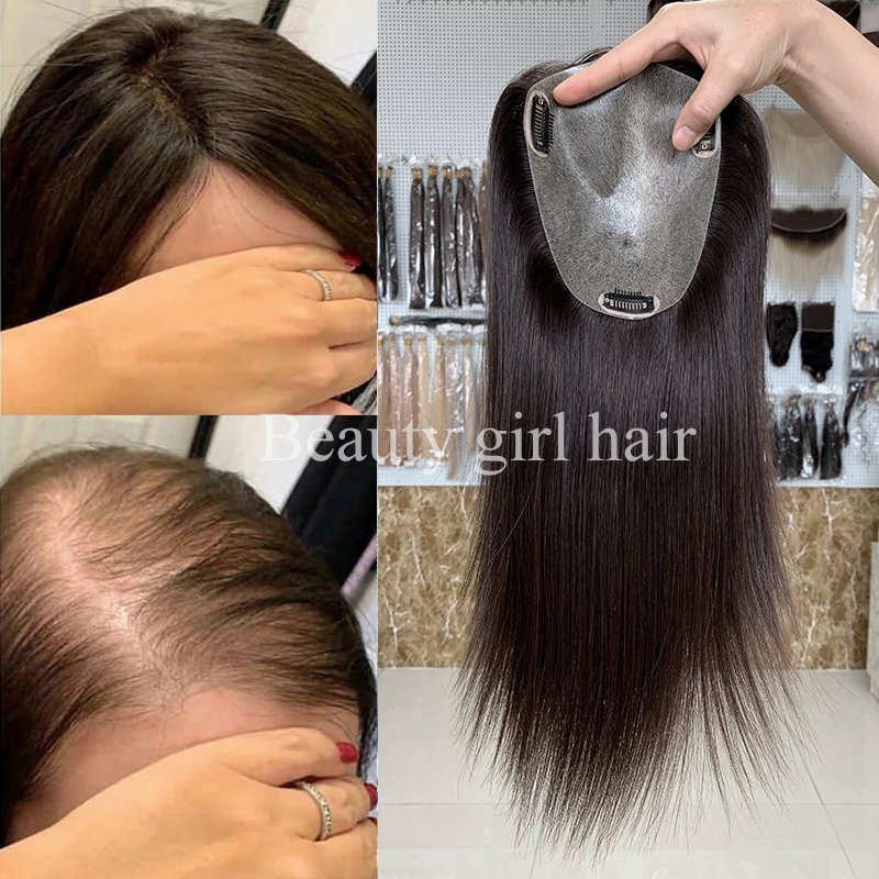 beauty girl full pu hairpiece replacement topper wigs hand tied injection super thin skin human hair toupee for women