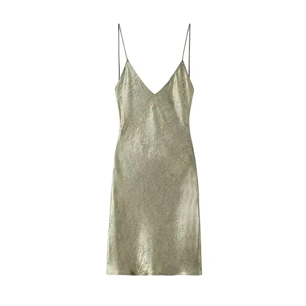 Summer Women's Thin Straps Metallic Mini Dress Backless with Tied Female Dresses Sexy Fashion