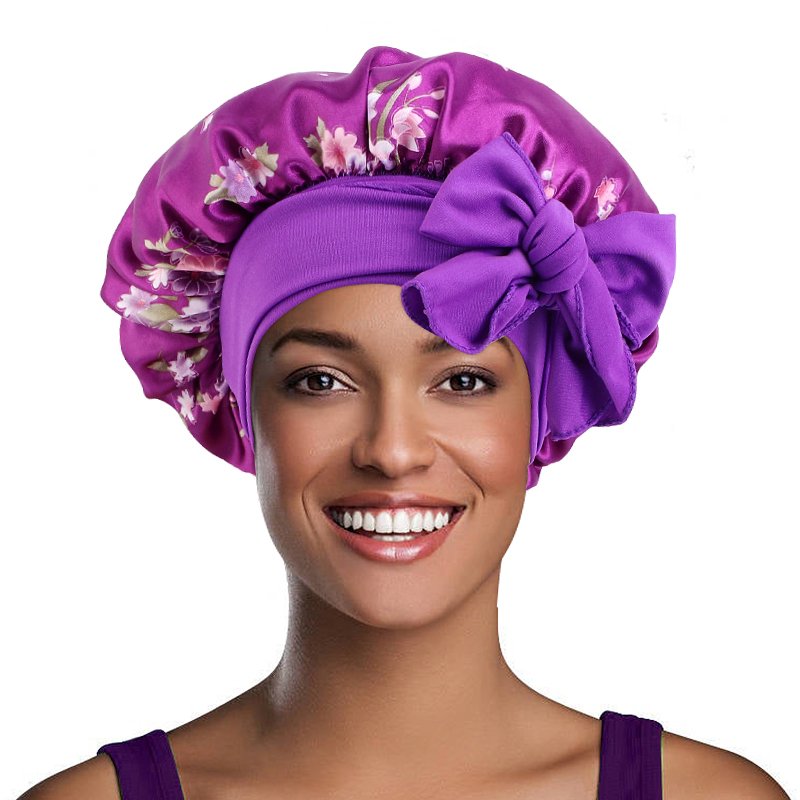 Wholesale Beauty Pattern Printed Silk Sleep Cap With Adjustable Tie Medium Size Satin Hair Bonnets For Ladies