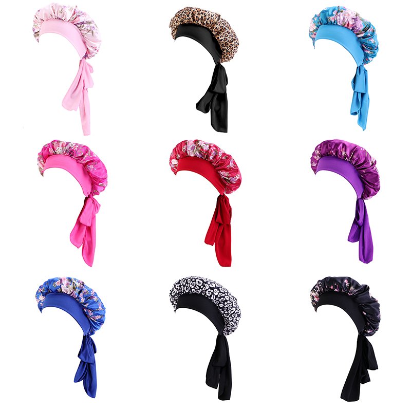 Wholesale Beauty Pattern Printed Silk Sleep Cap With Adjustable Tie Medium Size Satin Hair Bonnets For Ladies
