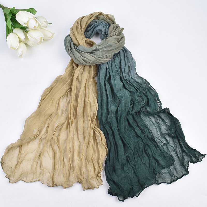 QL New High Balinese Crepe Scarf Color Contrast Tie dyed cotton linen Twists Crease Scarf Pleated Crinkled voile long scarf