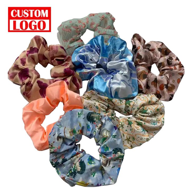 Designer Large Girls Printed Elastic Fabric Hair Band Accessories Silk Satin Hair Ties For Women Custom Scrunchies With Logo