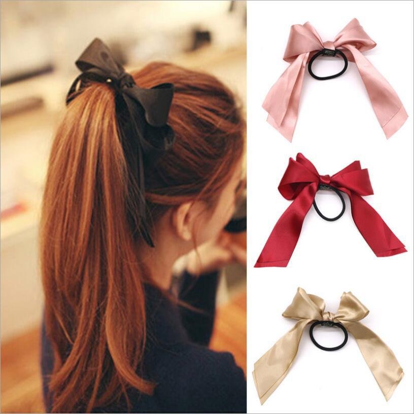 Korean Bow-Knot Elastic Hair Bands Accessories Fashion Hair Band Long Ribbon Bow Ponytail Hair Tie Scrunchies Women Girls