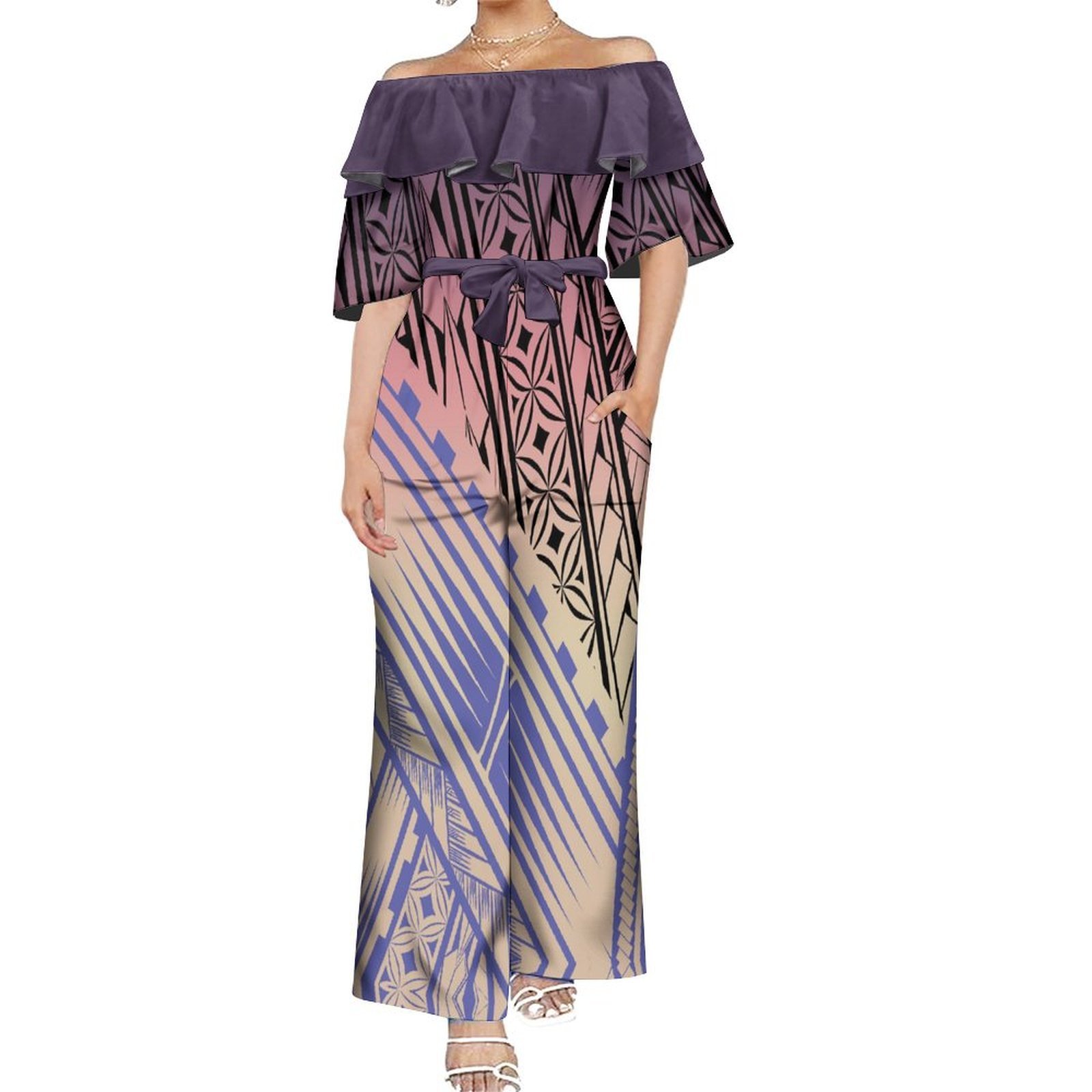 New Style Tonga Polynesian Tribal Printed One Piece Women Jumpsuit Plus Size Women Wide Leg Lace Up Oversize Rompers Playsuits