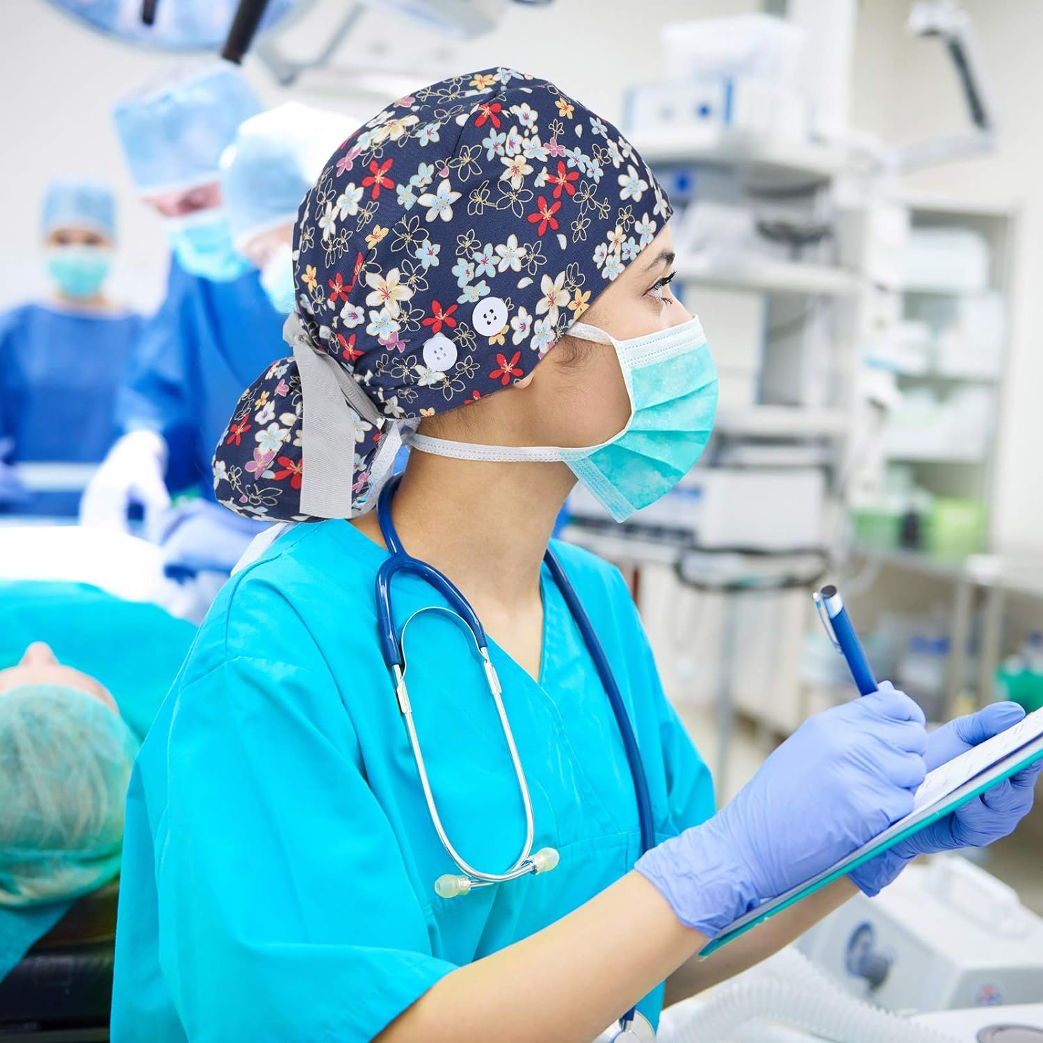 Unisex Scrub Cap Tie Back Doctor Hat and Nurse Hat Adjustable Surgical Cap with Cotton Sweatband Multi Color