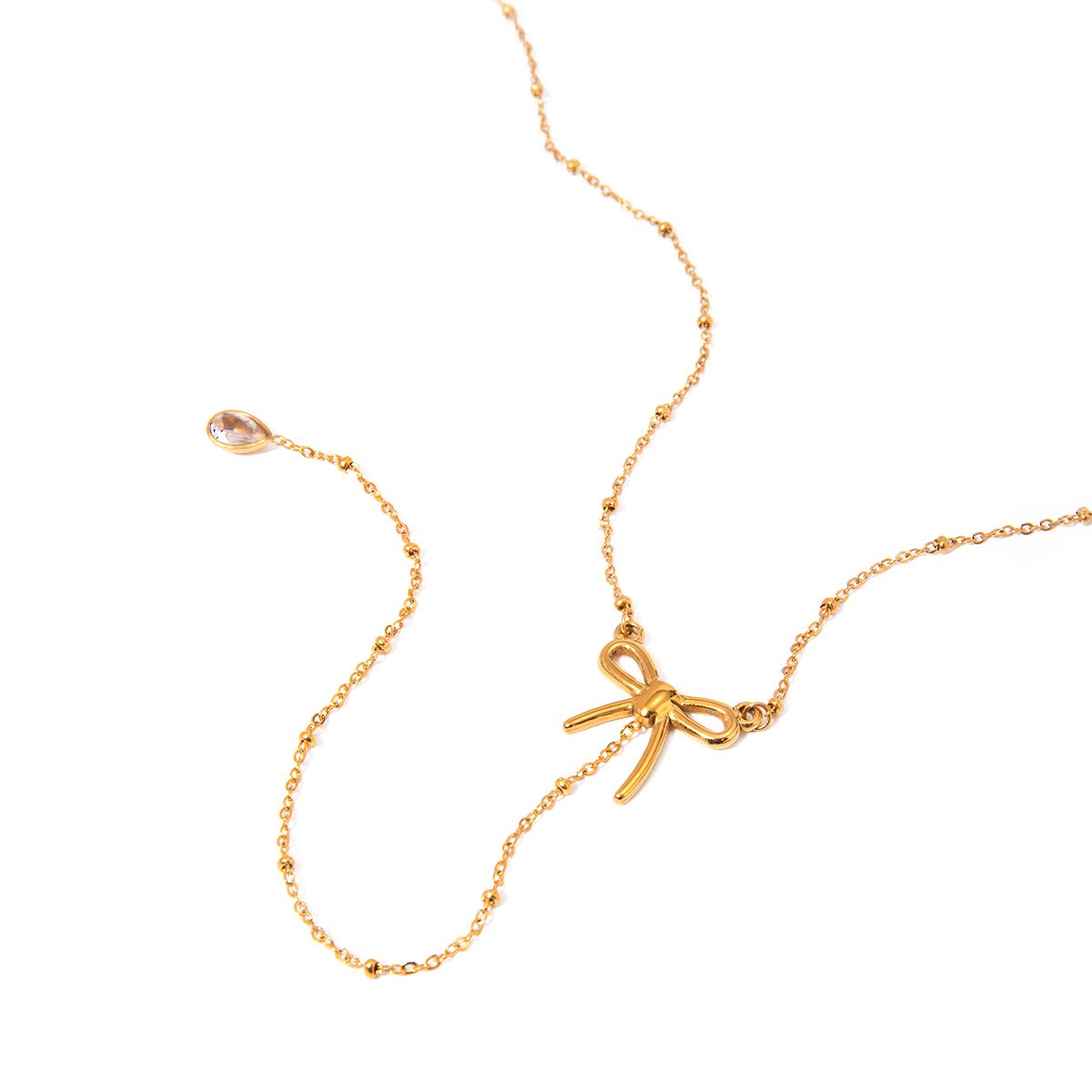 Y necklace 18K Gold Plated Stainless Steel Bow Tie CZ Tear Drop Stone Pendant Necklace Bikinis Necklace