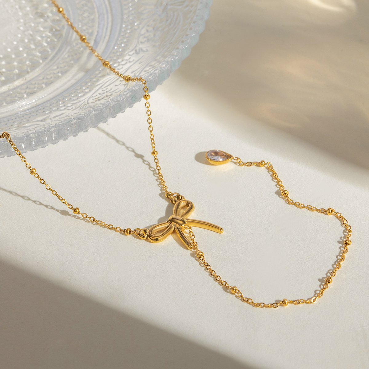 Y necklace 18K Gold Plated Stainless Steel Bow Tie CZ Tear Drop Stone Pendant Necklace Bikinis Necklace