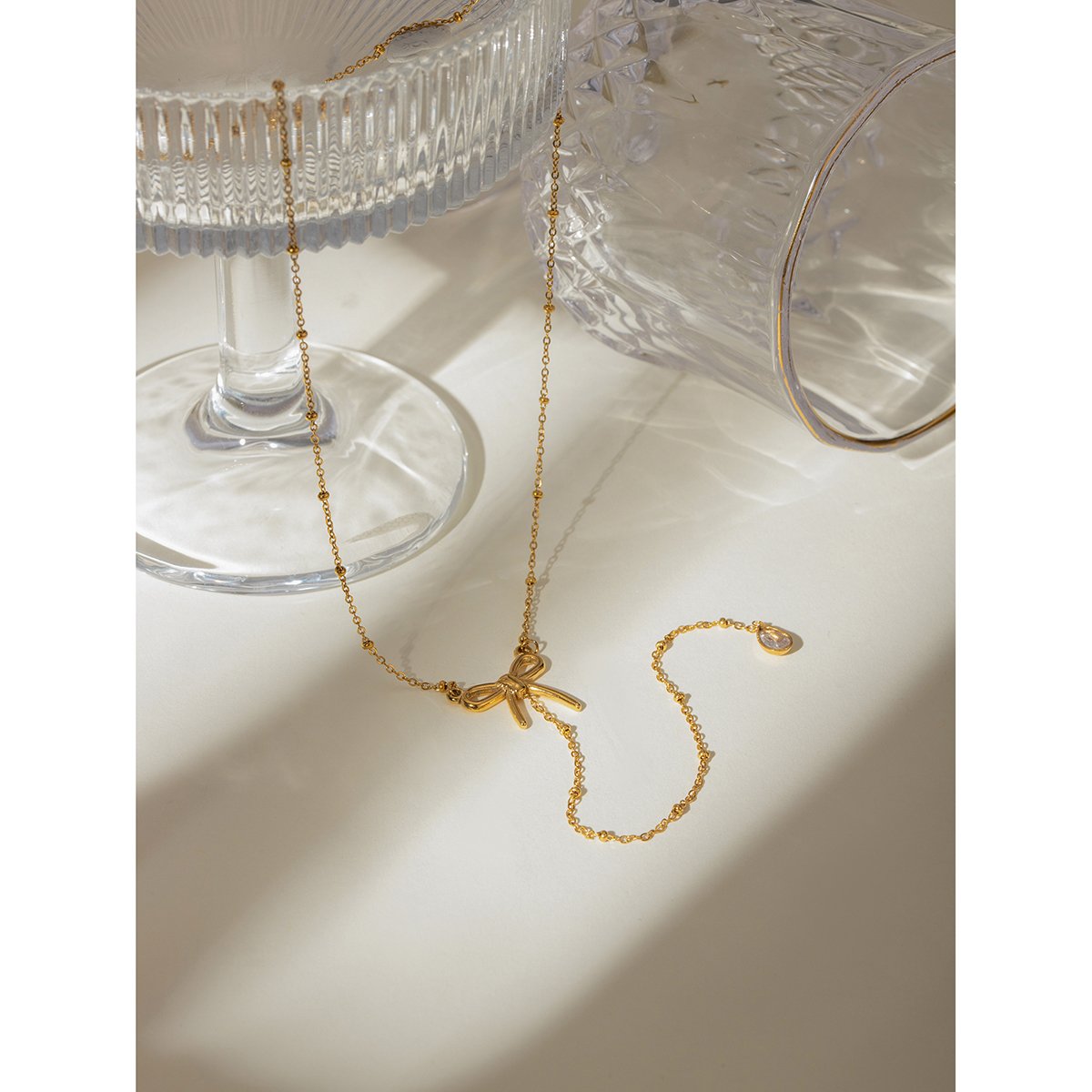 Y necklace 18K Gold Plated Stainless Steel Bow Tie CZ Tear Drop Stone Pendant Necklace Bikinis Necklace