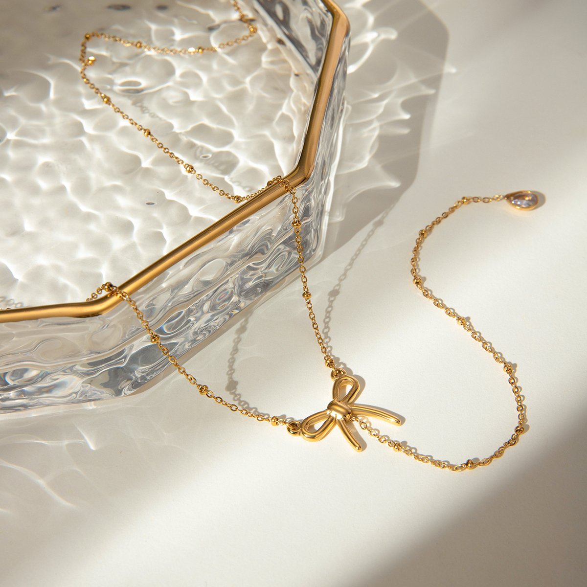 Y necklace 18K Gold Plated Stainless Steel Bow Tie CZ Tear Drop Stone Pendant Necklace Bikinis Necklace