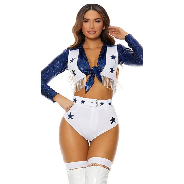 Women's Blue Sexy Design Sublimation Printing Bow Tie Cheerleading Uniforms Custom School Party Cheerleader Costume