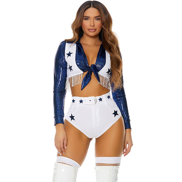 Women's Blue Sexy Design Sublimation Printing Bow Tie Cheerleading Uniforms Custom School Party Cheerleader Costume