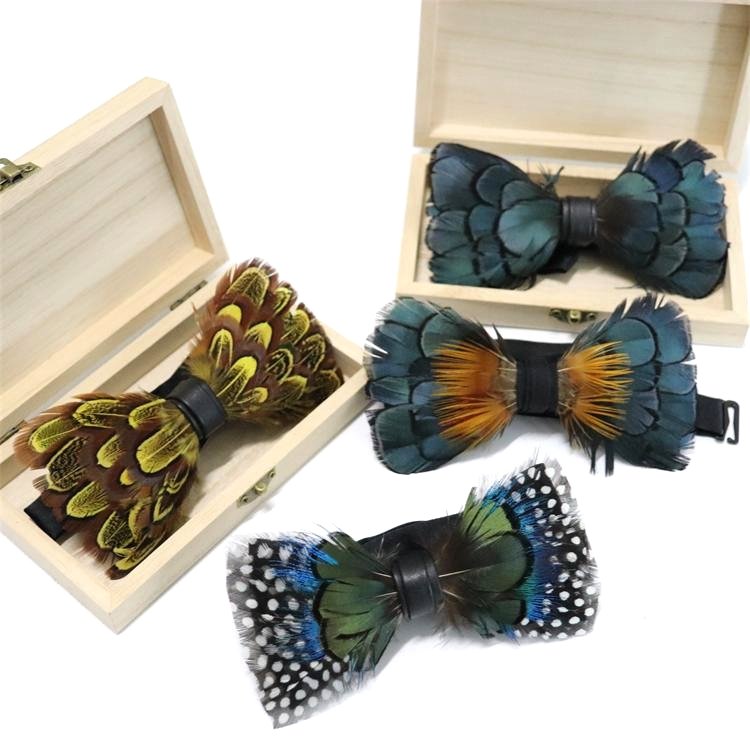 Custom Boy and Pet Cat Dog Collar Bowtie Various Design Wooden Feather Velvet Self Tie Bow Tie Set For Men With Packaging Box