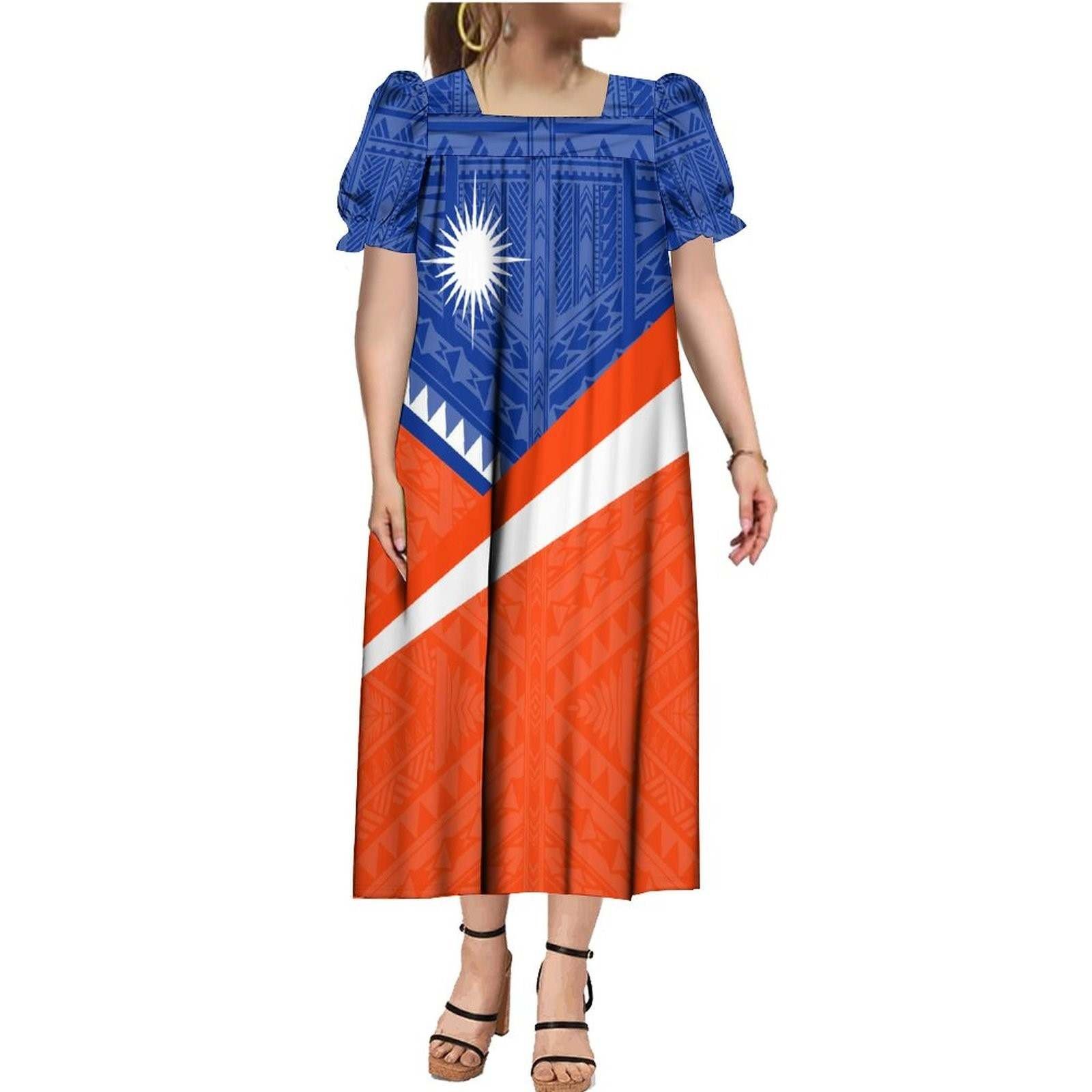 New High Quality Custom Stretch Mumu Big Size Vintage Square Neck Puffy Dresses Marshall Micronesia Dress Micronesian Muumuu