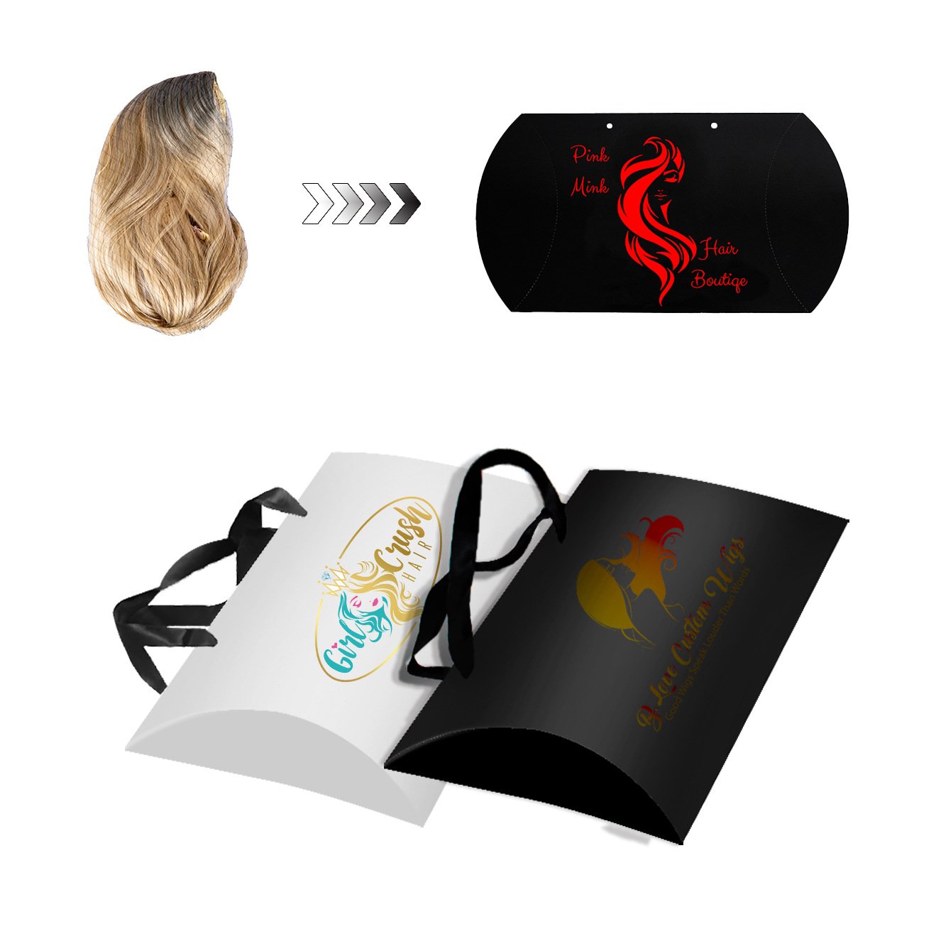 Custom Logo Pillow Boxes 3 bundles hair extension packaging box with handles