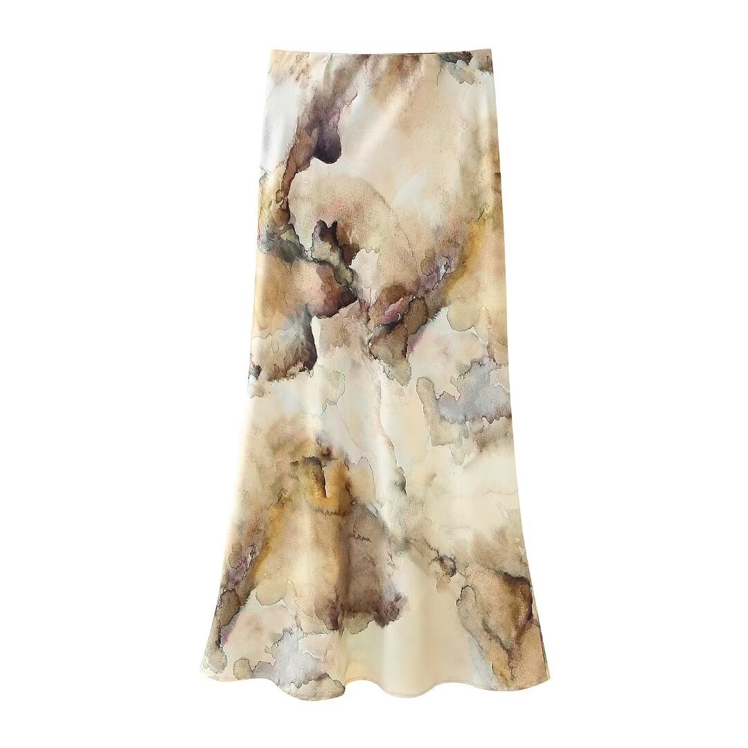 PB&ZA Women 2024 spring New Chic Fashion Tie dye silk satin texture MIDI Skirts Vintage High Waist Female Skorts Mujer