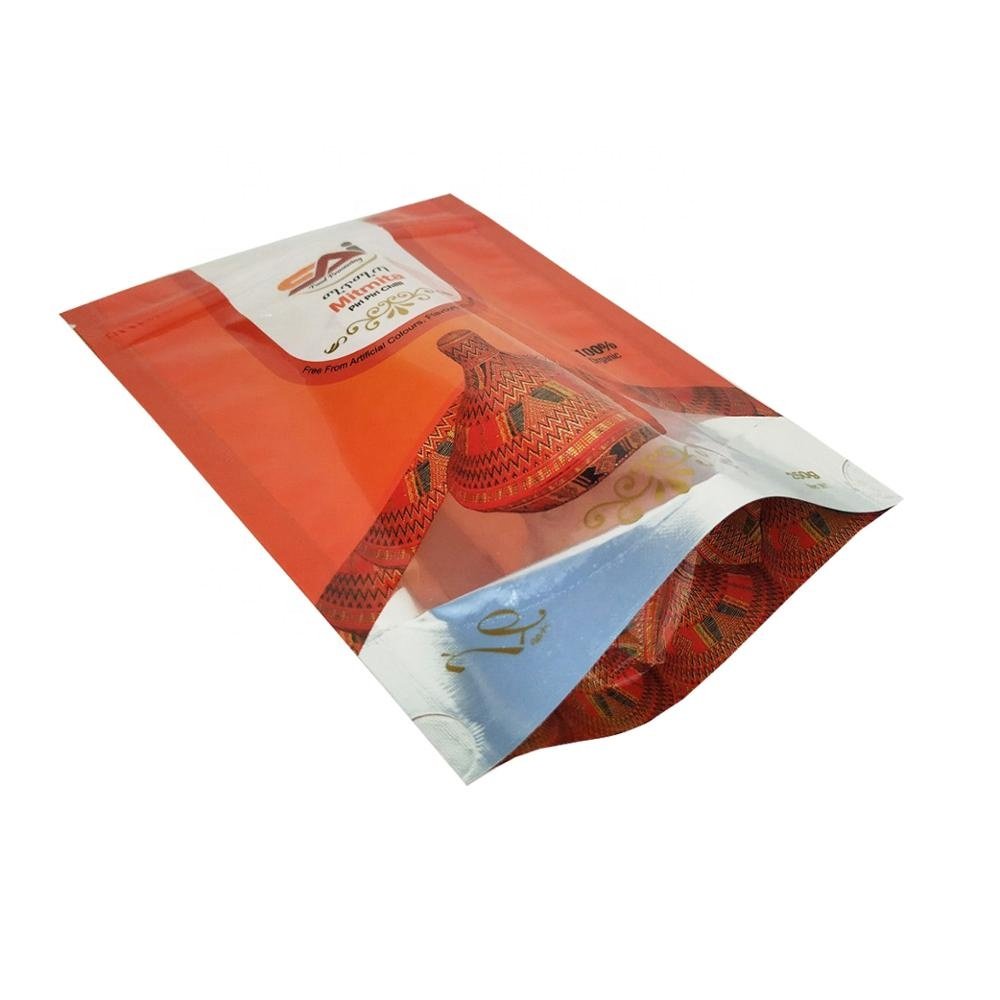 Food Resealable Plastic Foil Clear Window Stand Up Ziplock Mitmita Chilli Spice Powder Package Custom Print Logo
