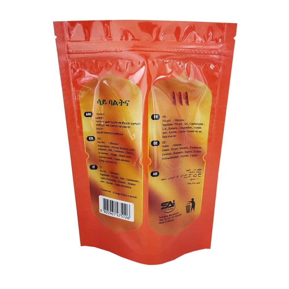 Food Resealable Plastic Foil Clear Window Stand Up Ziplock Mitmita Chilli Spice Powder Package Custom Print Logo