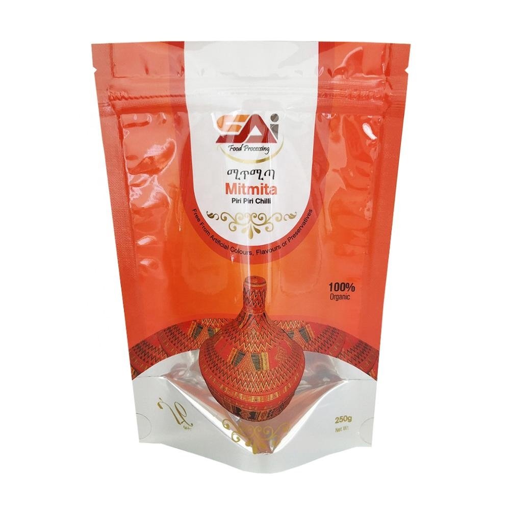 Food Resealable Plastic Foil Clear Window Stand Up Ziplock Mitmita Chilli Spice Powder Package Custom Print Logo