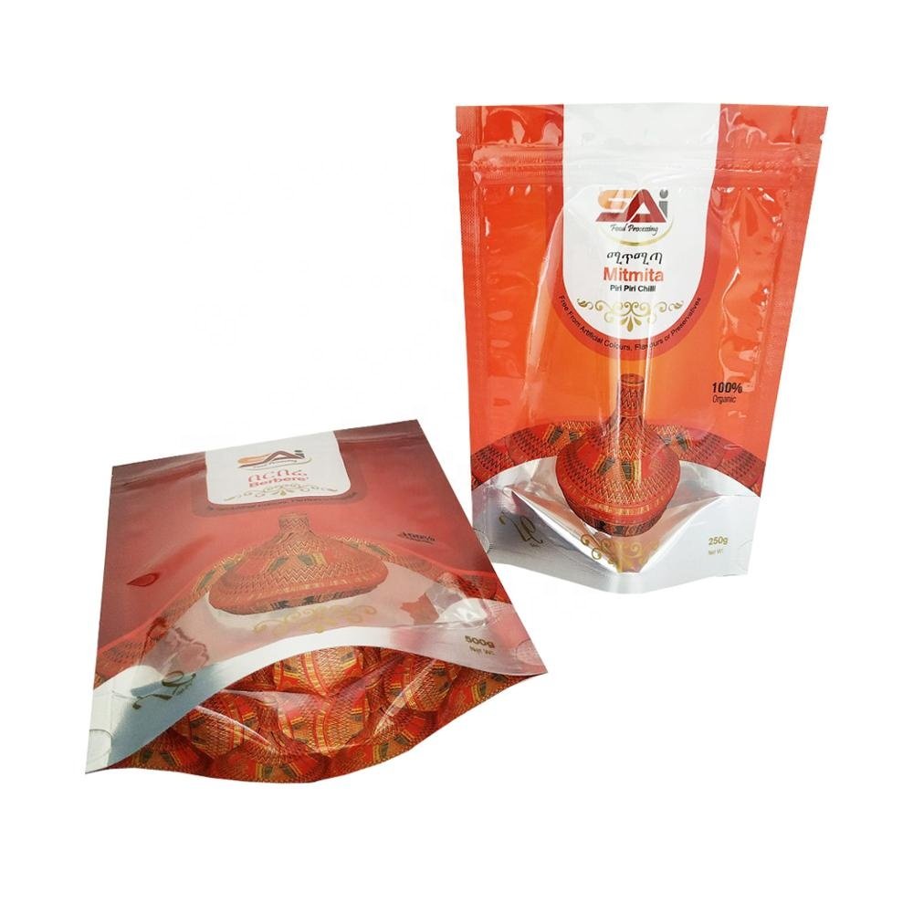 Food Resealable Plastic Foil Clear Window Stand Up Ziplock Mitmita Chilli Spice Powder Package Custom Print Logo