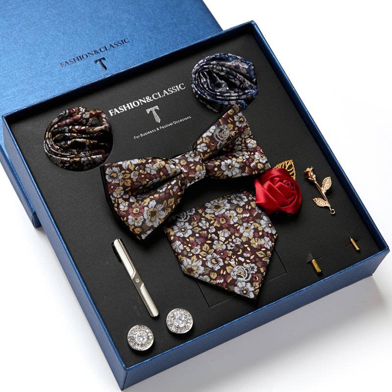 Luxury Silk Handmade Ties Hanky Cufflinks Bowtie Sets 7.5 cm Necktie Men Blue Golden Floral Wedding Party Birthday Gift