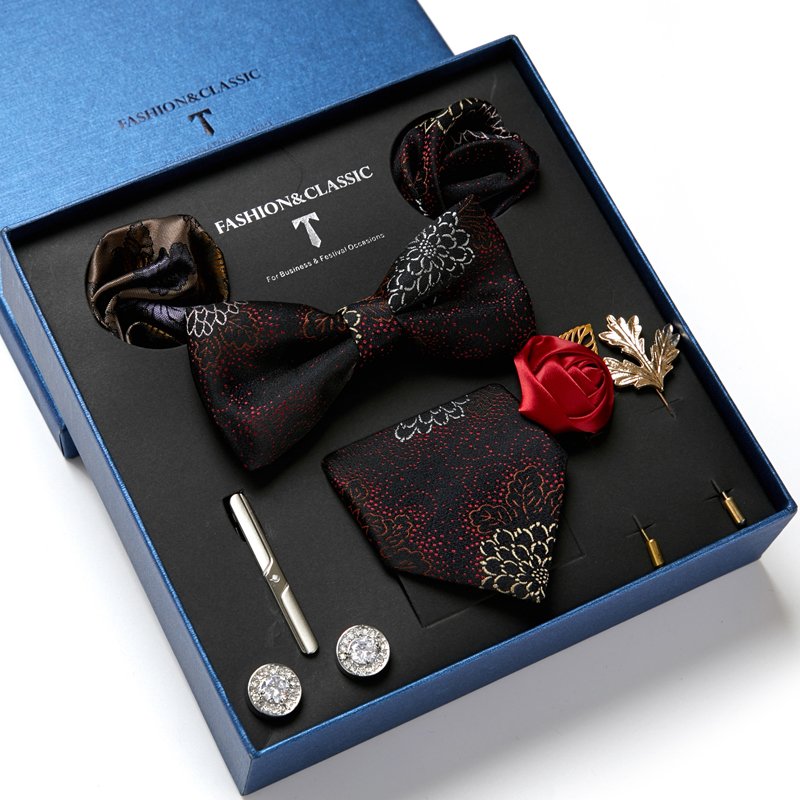 Luxury Silk Handmade Ties Hanky Cufflinks Bowtie Sets 7.5 cm Necktie Men Blue Golden Floral Wedding Party Birthday Gift