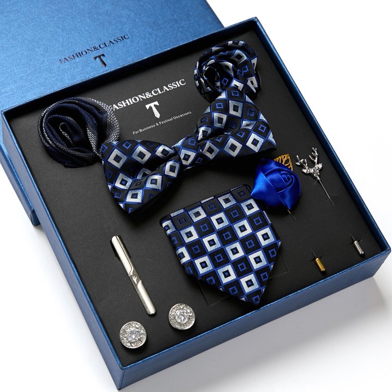Luxury Silk Handmade Ties Hanky Cufflinks Bowtie Sets 7.5 cm Necktie Men Blue Golden Floral Wedding Party Birthday Gift