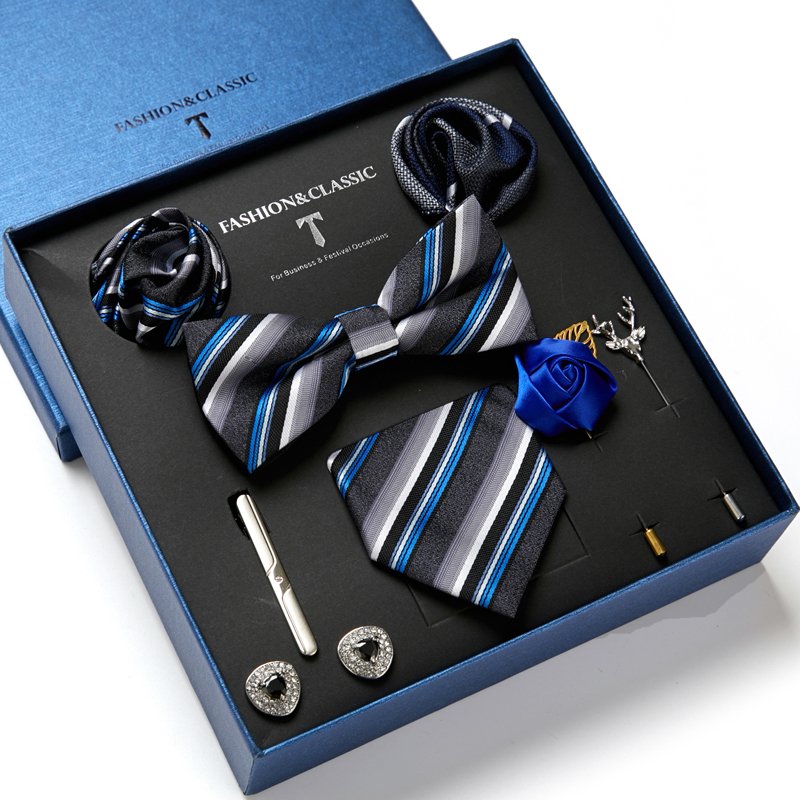 Luxury Silk Handmade Ties Hanky Cufflinks Bowtie Sets 7.5 cm Necktie Men Blue Golden Floral Wedding Party Birthday Gift