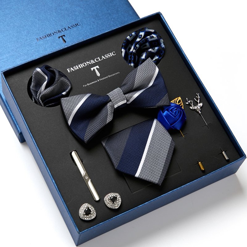 Luxury Silk Handmade Ties Hanky Cufflinks Bowtie Sets 7.5 cm Necktie Men Blue Golden Floral Wedding Party Birthday Gift