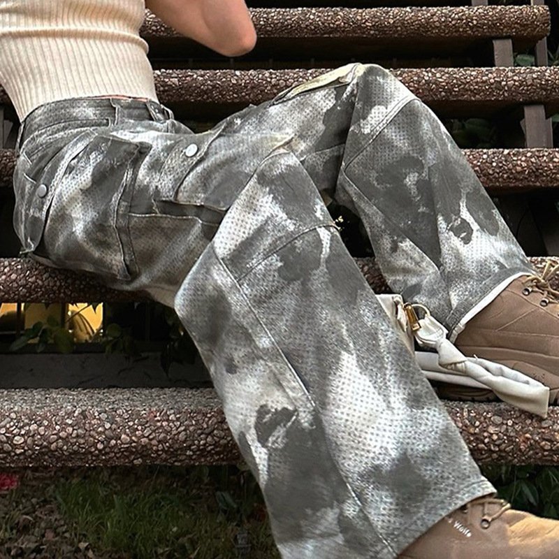 2024 Spring Summer New Tie Dyed Contrast Large Pocket High Street Fashion Loose Straight Pants