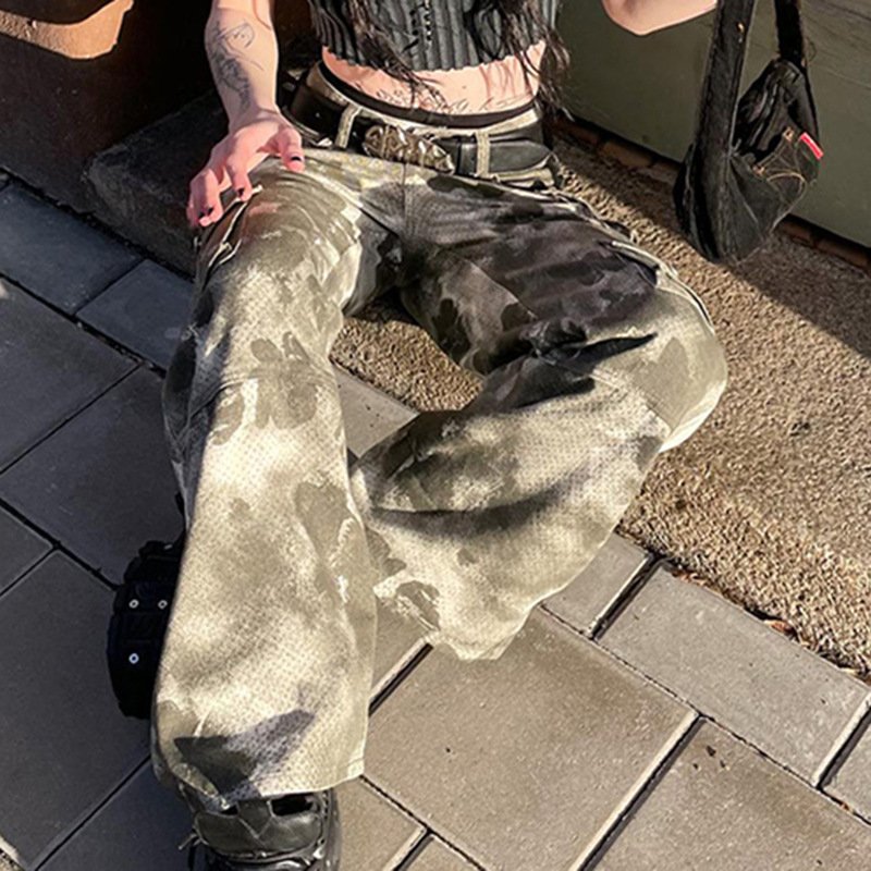 2024 Spring Summer New Tie Dyed Contrast Large Pocket High Street Fashion Loose Straight Pants