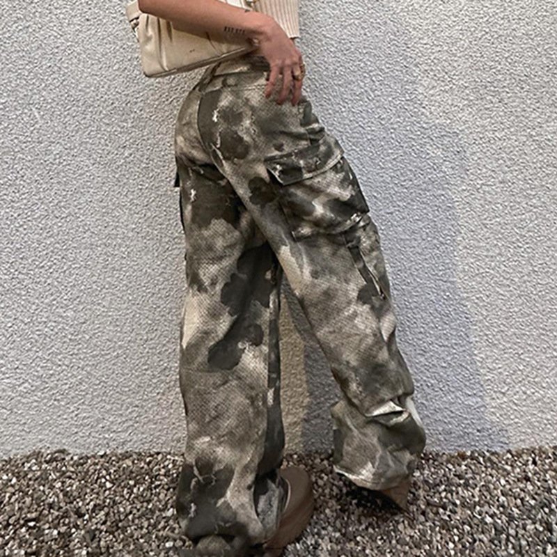 2024 Spring Summer New Tie Dyed Contrast Large Pocket High Street Fashion Loose Straight Pants