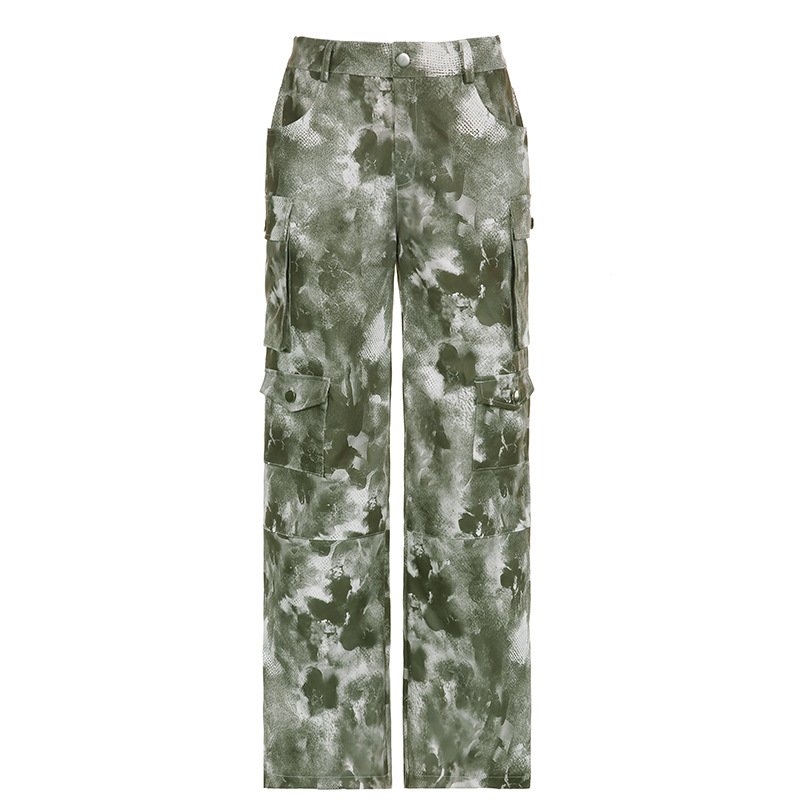 2024 Spring Summer New Tie Dyed Contrast Large Pocket High Street Fashion Loose Straight Pants