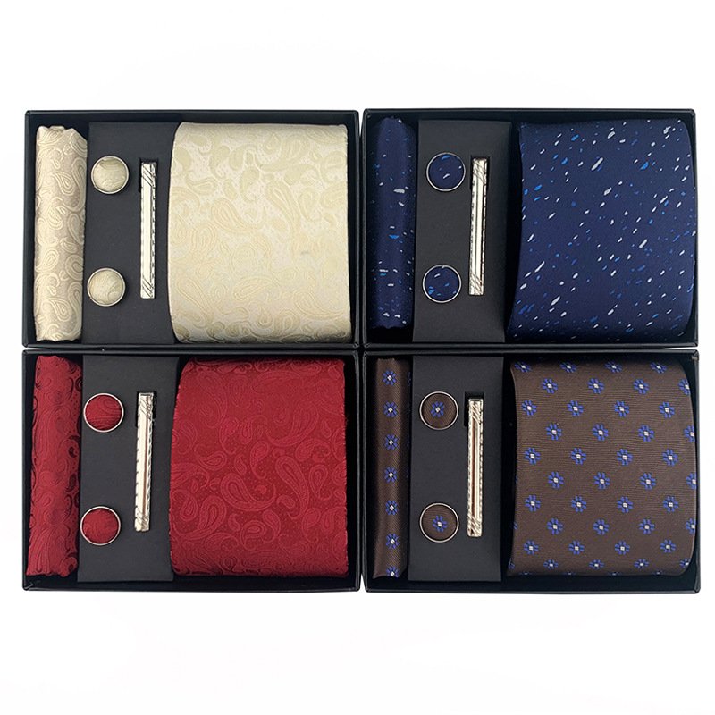 Pocket Square Cufflink and Tie Clip Set White Silk Wedding Ties in Presentation Box