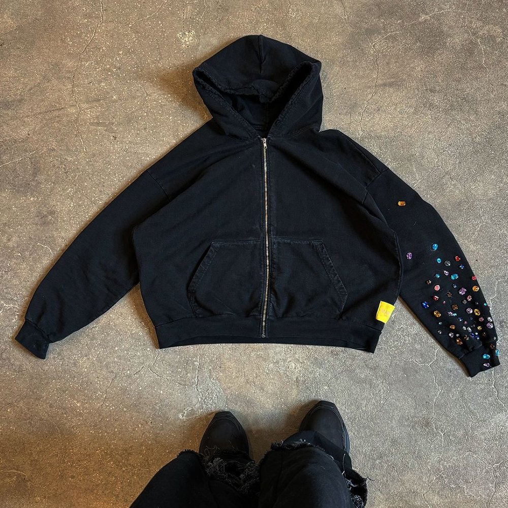 Cut and Sew Garment Custom 100% Cotton French Terry Distressed Zip Up Rhinestone Stone Washed Hoodies for Men