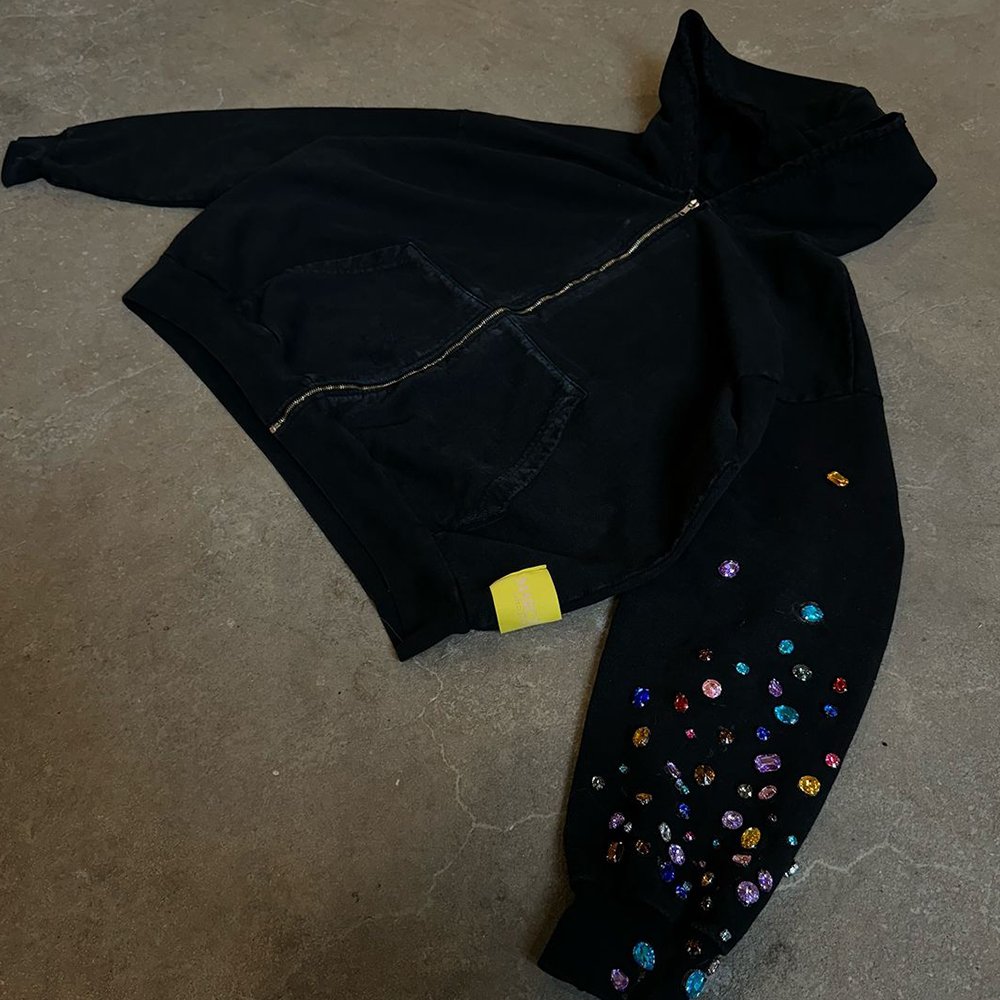 Cut and Sew Garment Custom 100% Cotton French Terry Distressed Zip Up Rhinestone Stone Washed Hoodies for Men