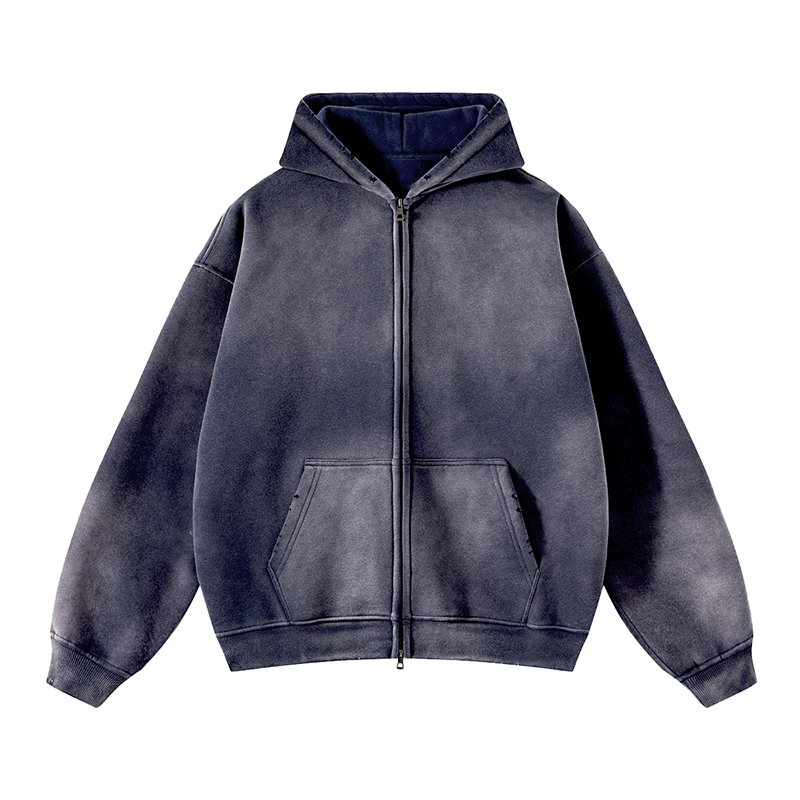 YSJY Clothing Brand Manufacturer Men Distressed Vintage Acid Washed Zip Up Hoodie