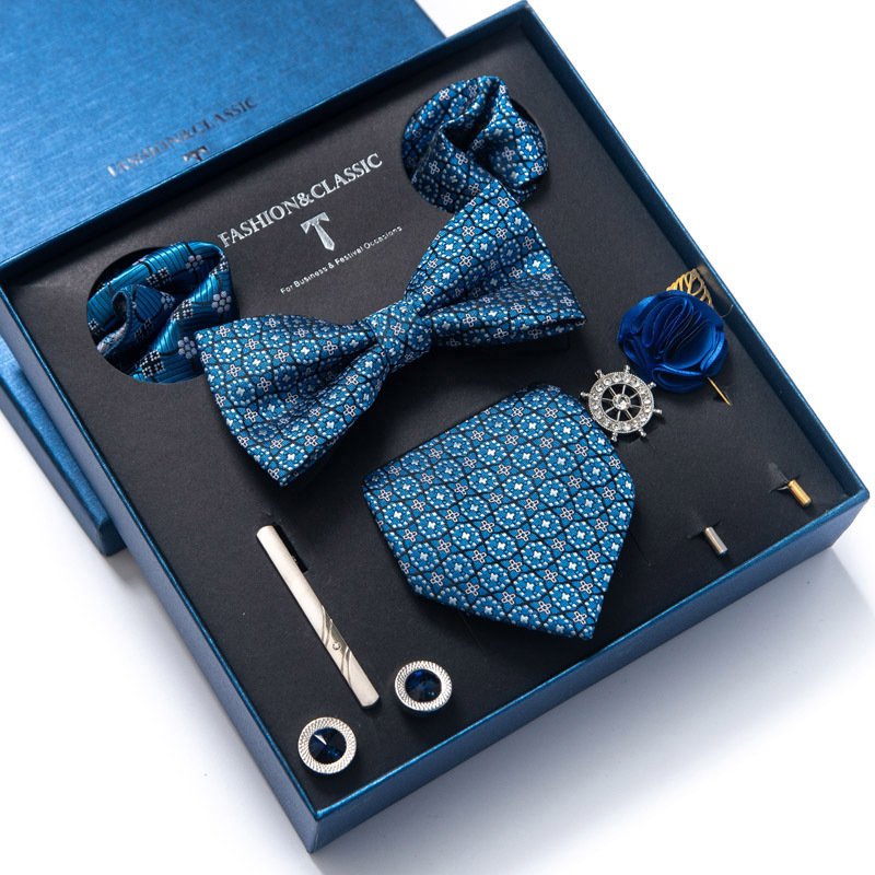 Wholesale Custom Custom Business Bow Ties Set For Men Necktie Gift Box Set Wedding Blue Striped Polyester Ties For Men