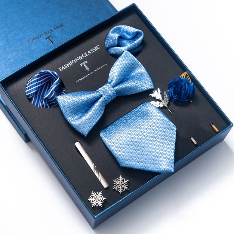 Wholesale Custom Custom Business Bow Ties Set For Men Necktie Gift Box Set Wedding Blue Striped Polyester Ties For Men