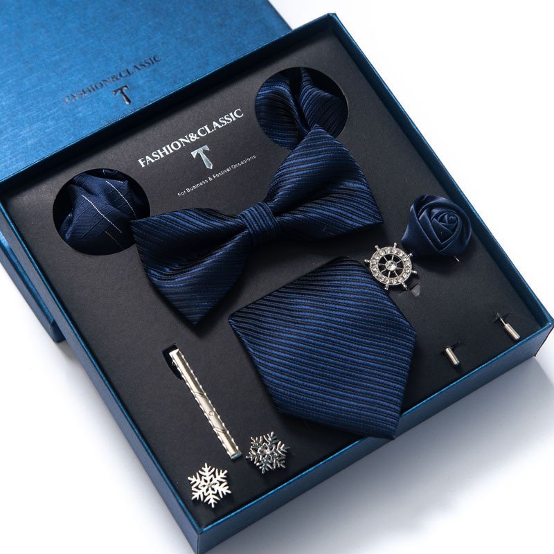 Wholesale Custom Custom Business Bow Ties Set For Men Necktie Gift Box Set Wedding Blue Striped Polyester Ties For Men
